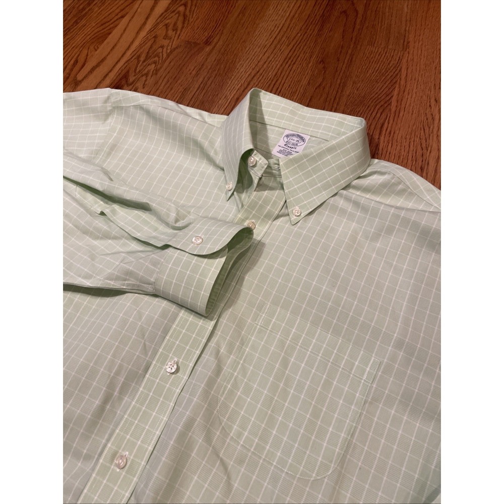 Brooks‎ Brothers Men's Classic Fit Shirt Supima Cotton Green Plaid Size 17.5 35